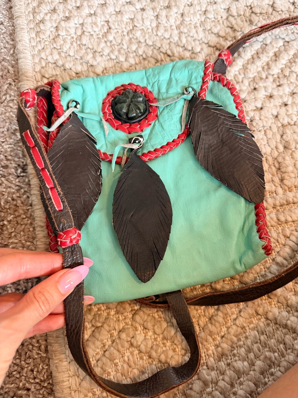 Turquoise bohemian leather bag with Green Aventurine stone application.